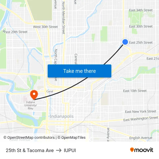25th St & Tacoma Ave to IUPUI map