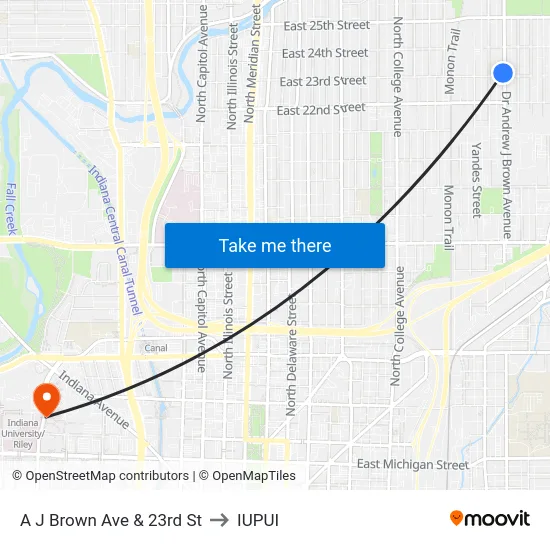 A J Brown Ave & 23rd St to IUPUI map