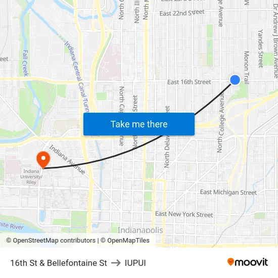 16th St & Bellefontaine St to IUPUI map