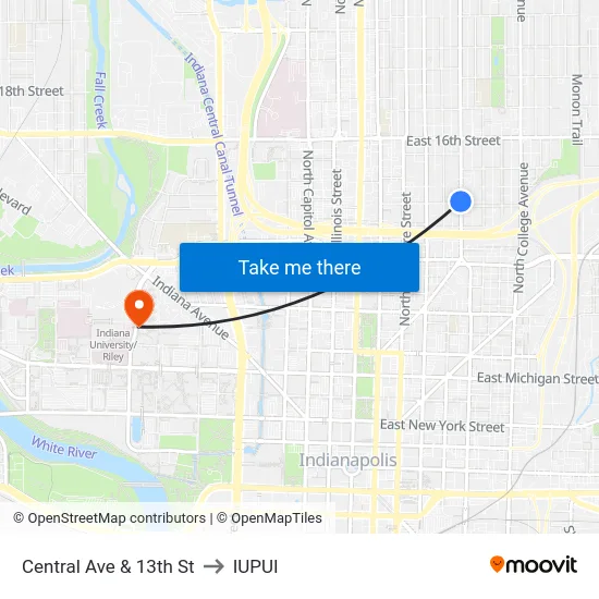 Central Ave & 13th St to IUPUI map