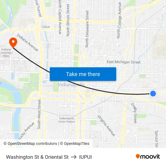 Washington St & Oriental St to IUPUI map