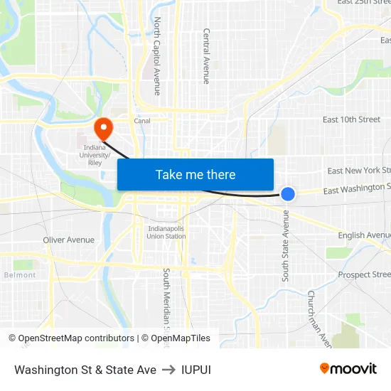 Washington St & State Ave to IUPUI map