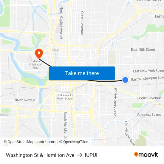 Washington St & Hamilton Ave to IUPUI map