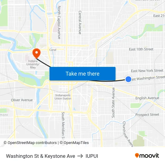 Washington St & Keystone Ave to IUPUI map