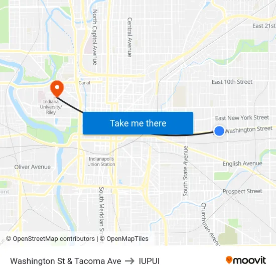Washington St & Tacoma Ave to IUPUI map