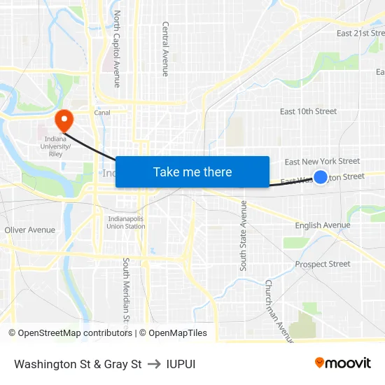 Washington St & Gray St to IUPUI map