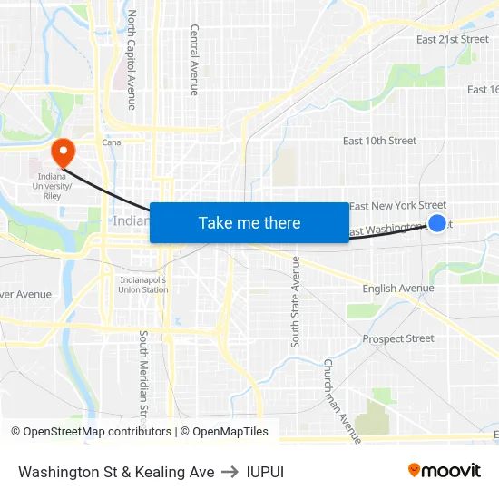 Washington St & Kealing Ave to IUPUI map
