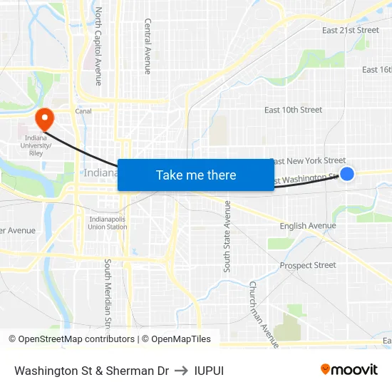 Washington St & Sherman Dr to IUPUI map