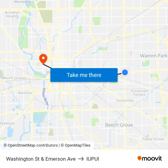 Washington St & Emerson Ave to IUPUI map