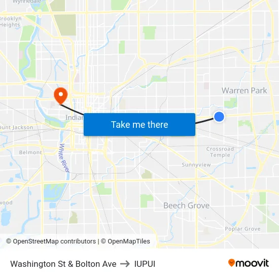 Washington St & Bolton Ave to IUPUI map