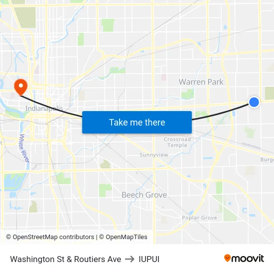 Washington St & Routiers Ave to IUPUI map