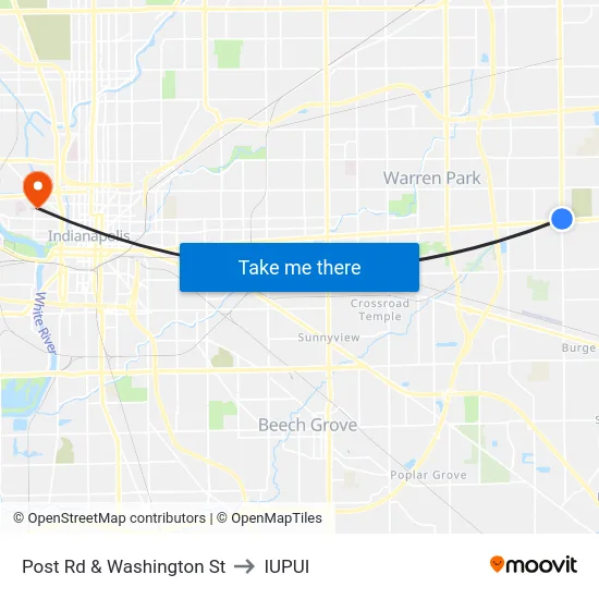 Post Rd & Washington St to IUPUI map