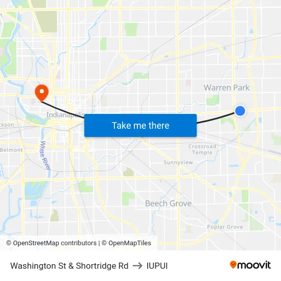 Washington St & Shortridge Rd to IUPUI map