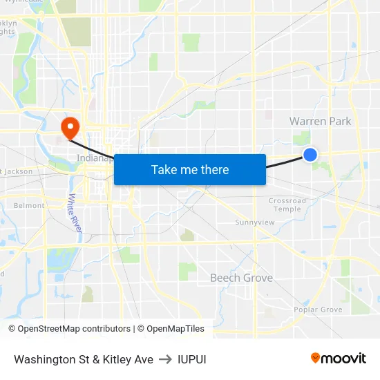 Washington St & Kitley Ave to IUPUI map