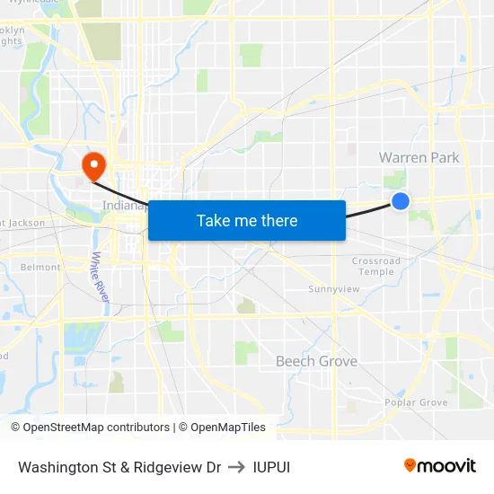 Washington St & Ridgeview Dr to IUPUI map