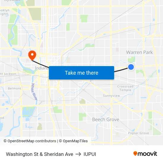 Washington St & Sheridan Ave to IUPUI map