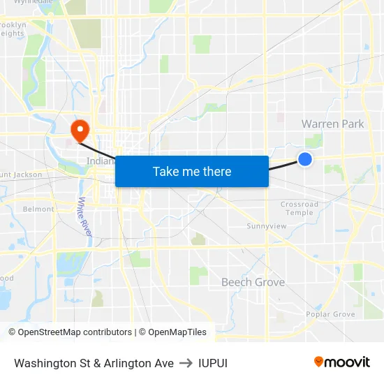 Washington St & Arlington Ave to IUPUI map