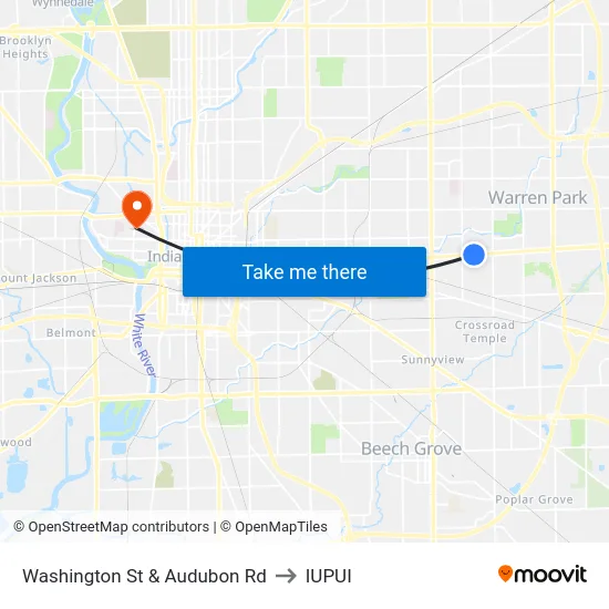 Washington St & Audubon Rd to IUPUI map