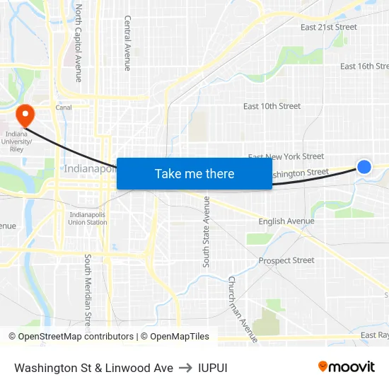 Washington St & Linwood Ave to IUPUI map