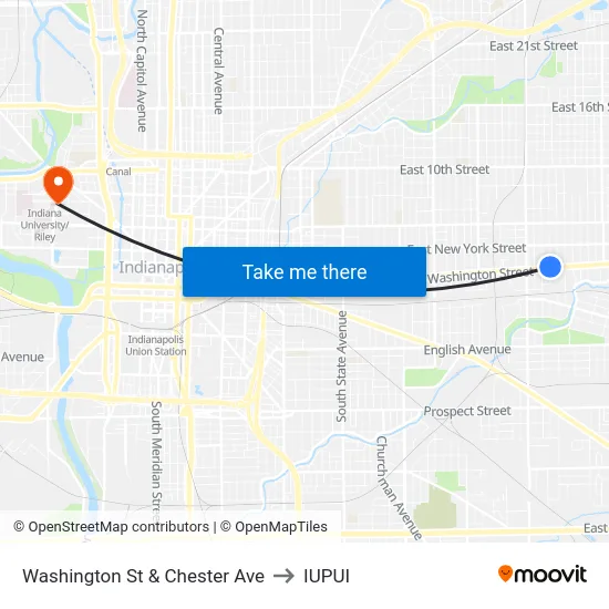 Washington St & Chester Ave to IUPUI map