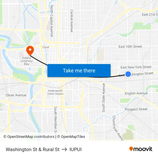 Washington St & Rural St to IUPUI map