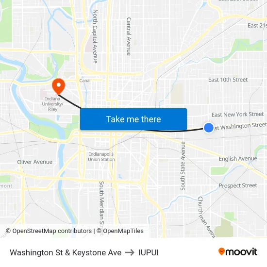 Washington St & Keystone Ave to IUPUI map