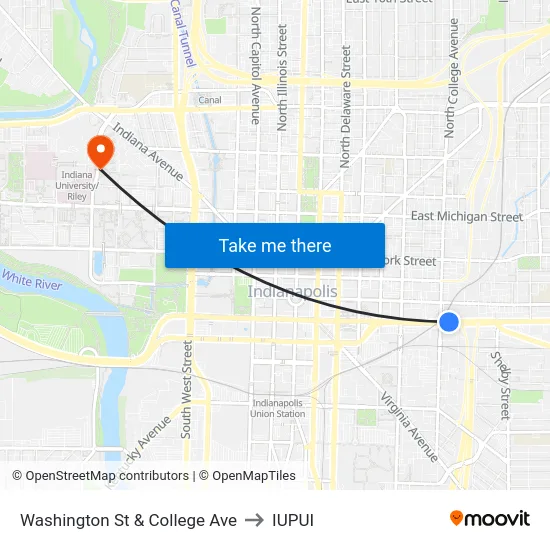 Washington St & College Ave to IUPUI map