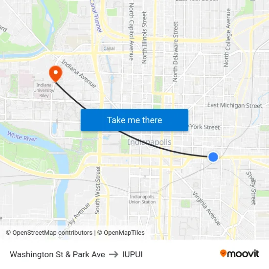Washington St & Park Ave to IUPUI map