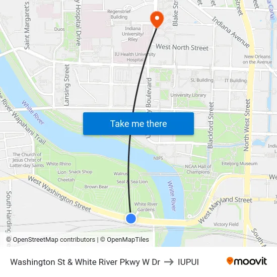Washington St & White River Pkwy W Dr to IUPUI map