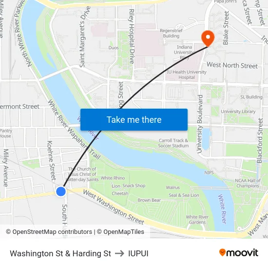 Washington St & Harding St to IUPUI map
