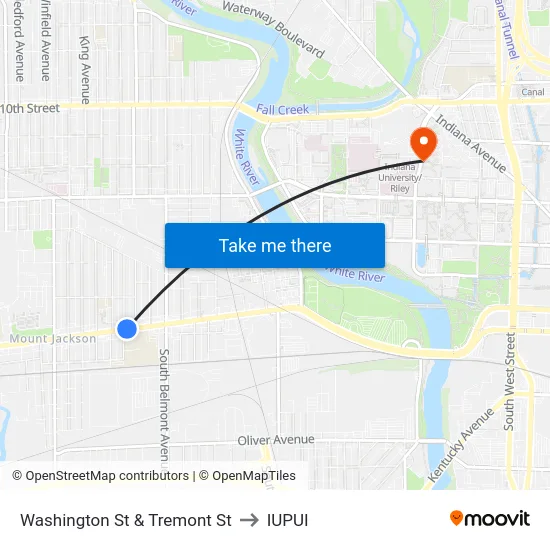 Washington St & Tremont St to IUPUI map