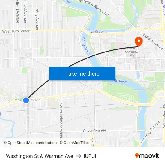 Washington St & Warman Ave to IUPUI map