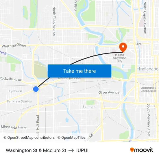 Washington St & Mcclure St to IUPUI map