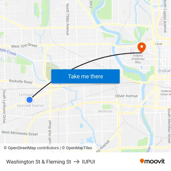 Washington St & Fleming St to IUPUI map