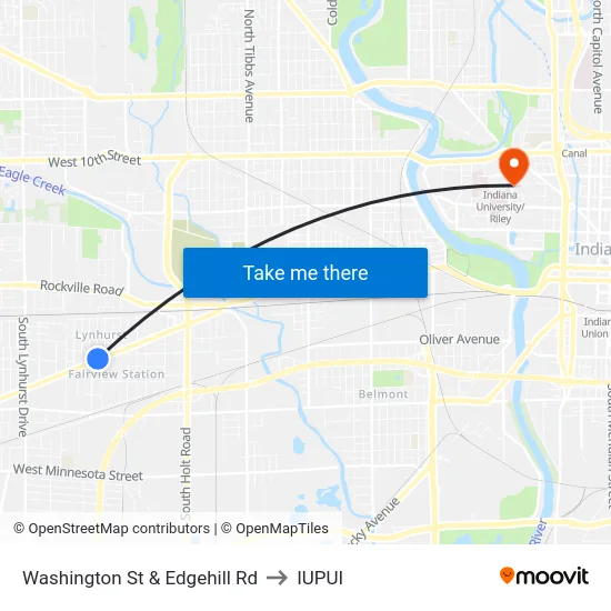 Washington St & Edgehill Rd to IUPUI map