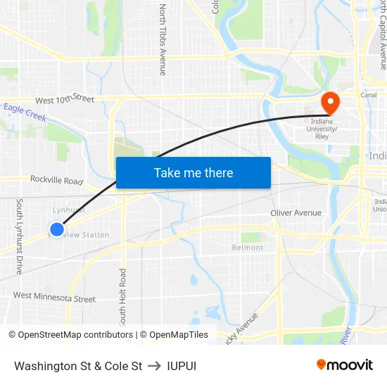 Washington St & Cole St to IUPUI map