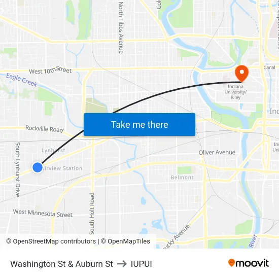 Washington St & Auburn St to IUPUI map
