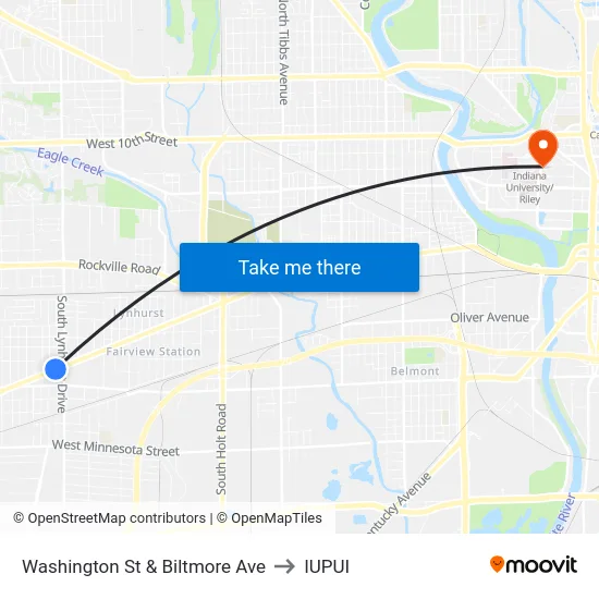 Washington St & Biltmore Ave to IUPUI map