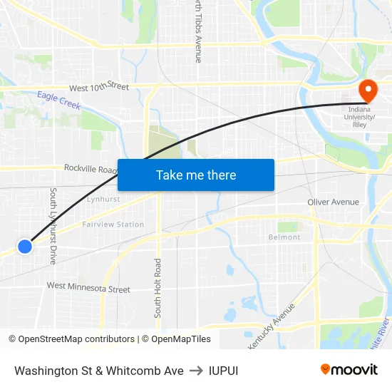 Washington St & Whitcomb Ave to IUPUI map