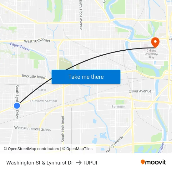 Washington St & Lynhurst Dr to IUPUI map