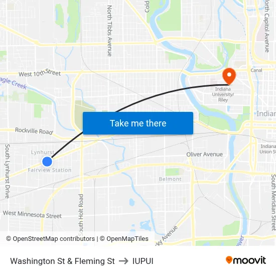 Washington St & Fleming St to IUPUI map