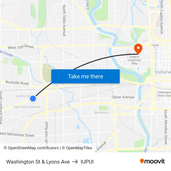 Washington St & Lyons Ave to IUPUI map