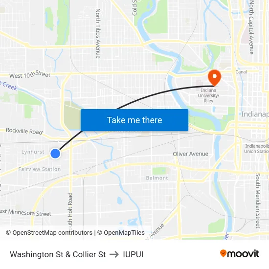 Washington St & Collier St to IUPUI map