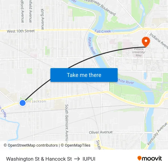 Washington St & Hancock St to IUPUI map