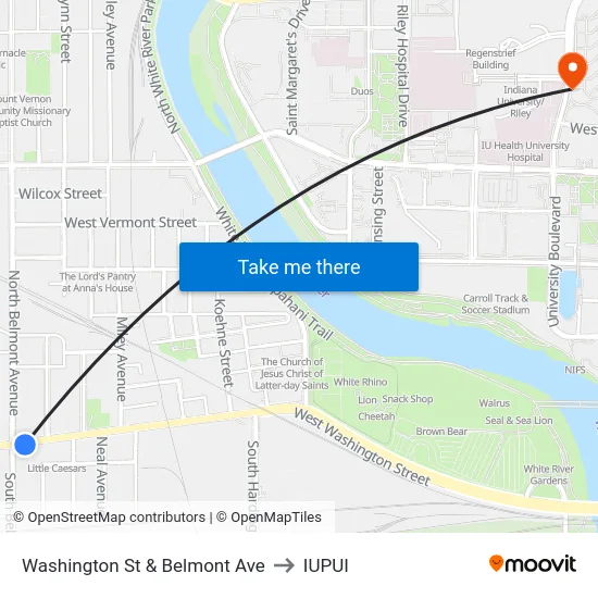 Washington St & Belmont Ave to IUPUI map