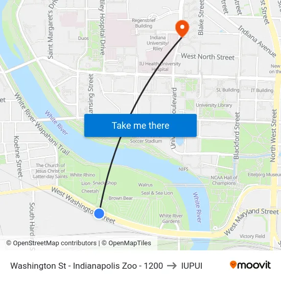 Washington St - Indianapolis Zoo - 1200 to IUPUI map