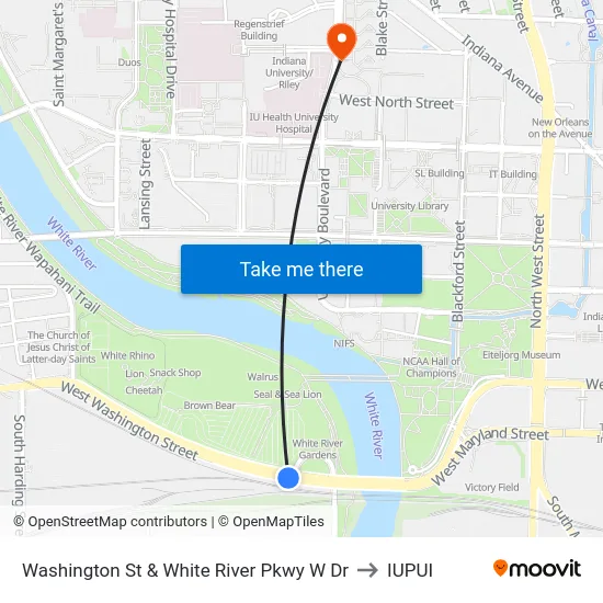 Washington St & White River Pkwy W Dr to IUPUI map