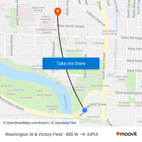 Washington St & Victory Field - 800 W to IUPUI map