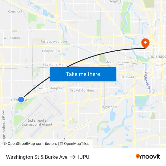 Washington St & Burke Ave to IUPUI map