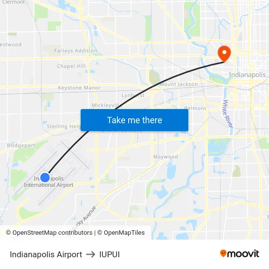Indianapolis Airport to IUPUI map